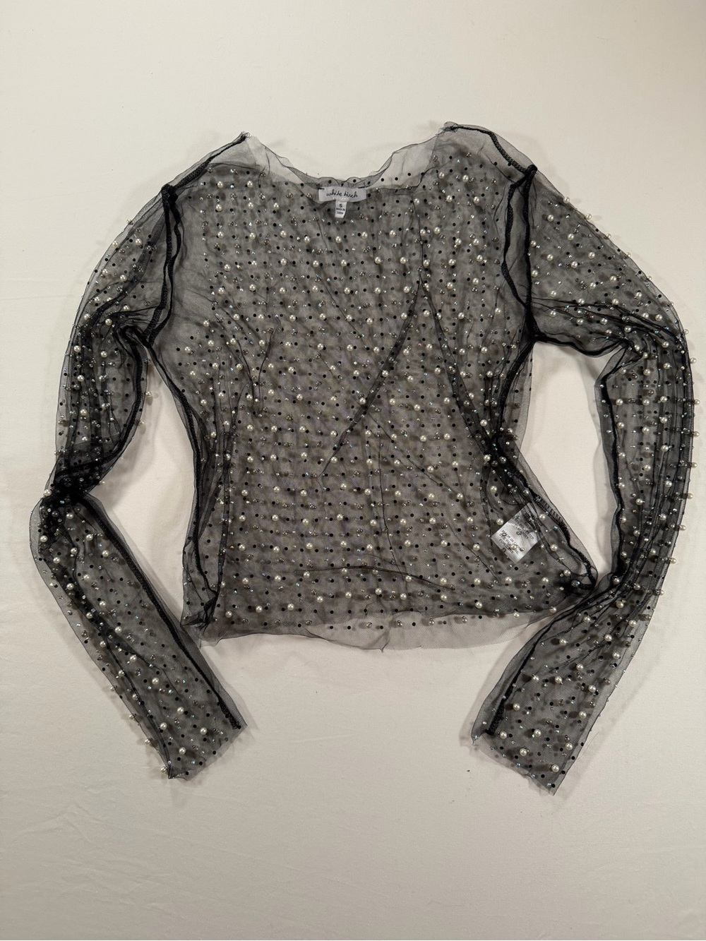 white birch Black Sheer Mesh Beaded Long-Sleeve Top